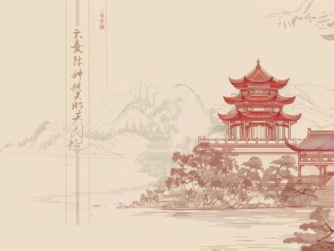  新中式亭台楼阁线条建筑壁画 