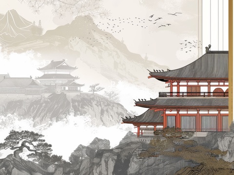  新中式亭台楼阁线条建筑壁画 