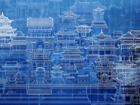  新中式亭台楼阁线条建筑壁画 