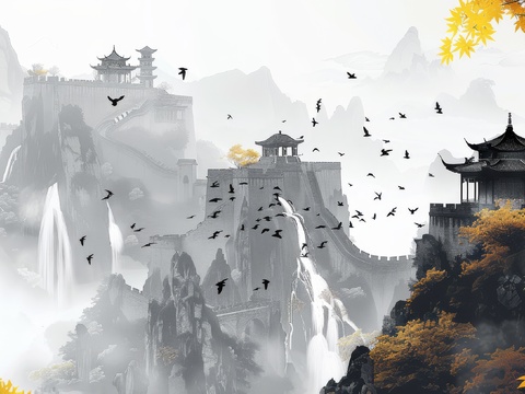  新中式亭台楼阁线条建筑壁画 