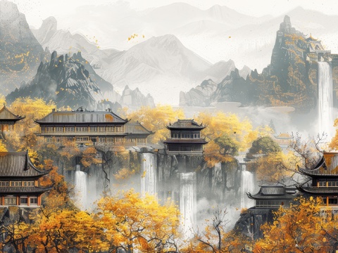  新中式亭台楼阁线条建筑壁画 