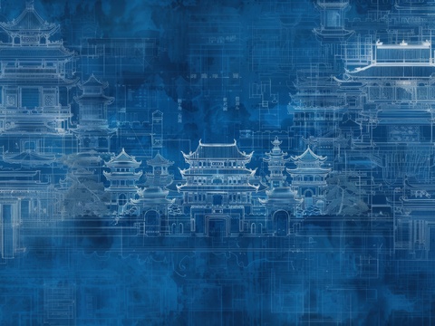  新中式亭台楼阁线条建筑壁画 