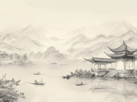  新中式亭台楼阁线条建筑壁画 