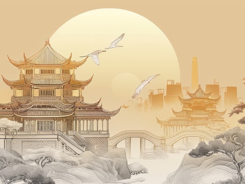  新中式亭台楼阁线条建筑壁画 