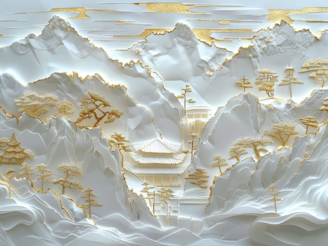  新中式亭台楼阁线条建筑壁画 