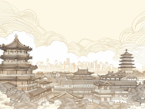  新中式亭台楼阁线条建筑壁画 