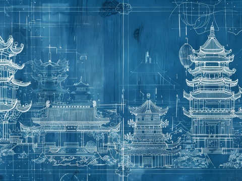  新中式亭台楼阁线条建筑壁画 