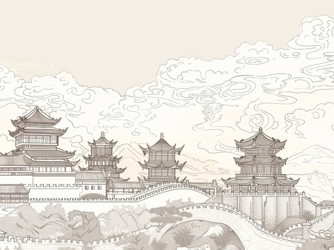  新中式亭台楼阁线条建筑壁画 
