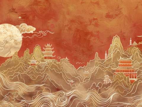  新中式亭台楼阁线条建筑壁画 