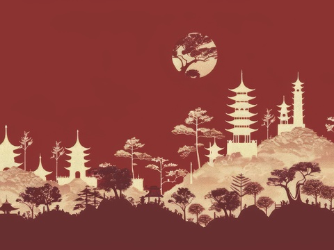  新中式亭台楼阁线条建筑壁画 