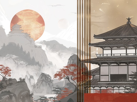  新中式亭台楼阁线条建筑壁画 