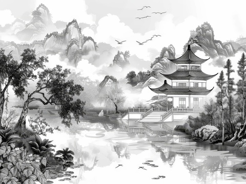  新中式亭台楼阁线条建筑壁画 