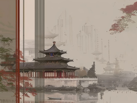  新中式亭台楼阁线条建筑壁画 