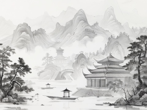  新中式亭台楼阁线条建筑壁画 