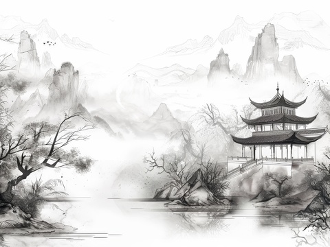  新中式亭台楼阁线条建筑壁画 