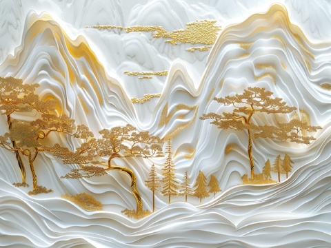  新中式亭台楼阁线条建筑壁画 