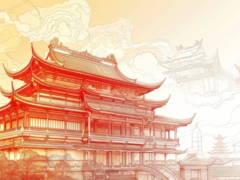  新中式亭台楼阁线条建筑壁画 