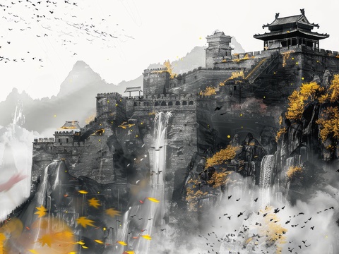  新中式亭台楼阁线条建筑壁画 