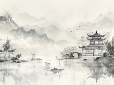  新中式亭台楼阁线条建筑壁画 