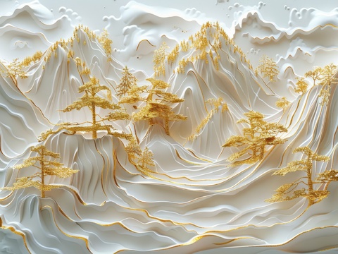  新中式亭台楼阁线条建筑壁画 