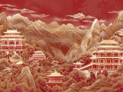  新中式亭台楼阁线条建筑壁画 