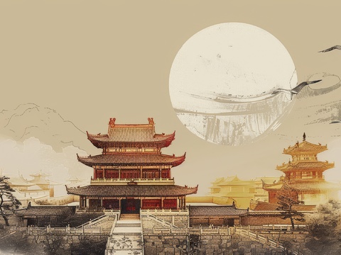  新中式亭台楼阁线条建筑壁画 