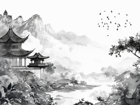  新中式亭台楼阁线条建筑壁画 