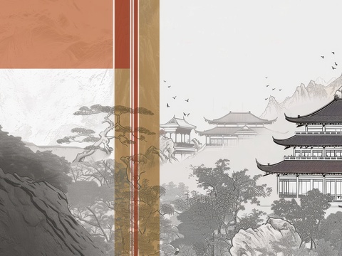  新中式亭台楼阁线条建筑壁画 