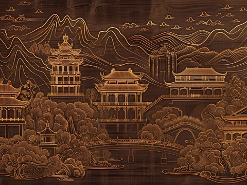  新中式亭台楼阁线条建筑壁画 