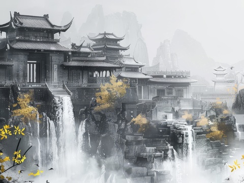  新中式亭台楼阁线条建筑壁画 