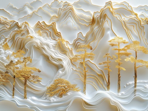  新中式亭台楼阁线条建筑壁画 