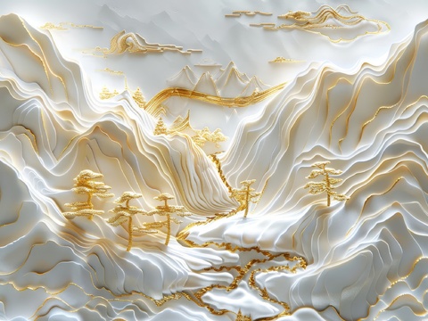  新中式亭台楼阁线条建筑壁画 