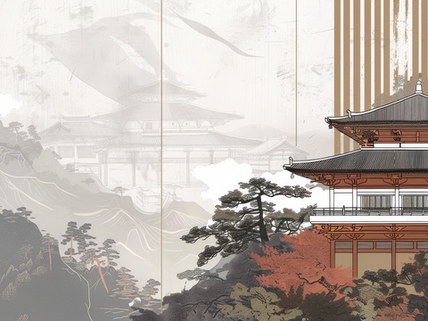  新中式亭台楼阁线条建筑壁画 