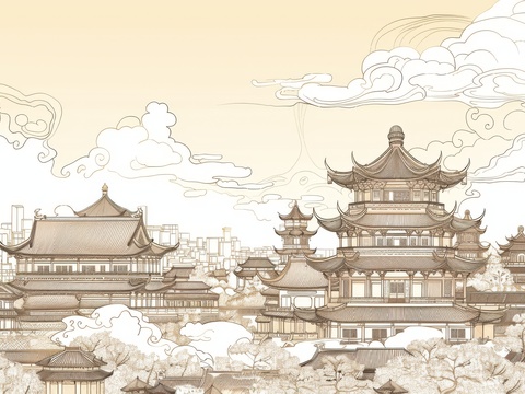  新中式亭台楼阁线条建筑壁画 