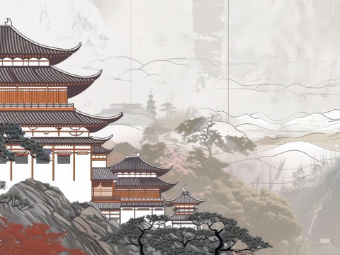  新中式亭台楼阁线条建筑壁画 