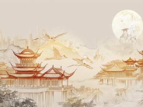  新中式亭台楼阁线条建筑壁画 