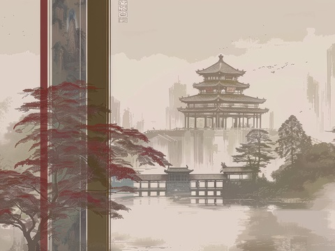  新中式亭台楼阁线条建筑壁画 