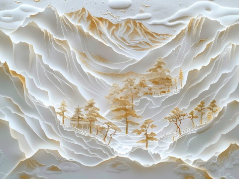  新中式亭台楼阁线条建筑壁画 