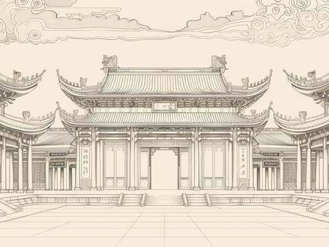  新中式亭台楼阁线条建筑壁画 