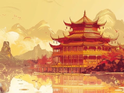  新中式亭台楼阁线条建筑壁画 