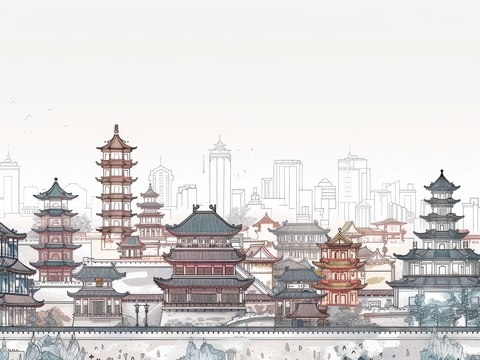  新中式亭台楼阁线条建筑壁画 