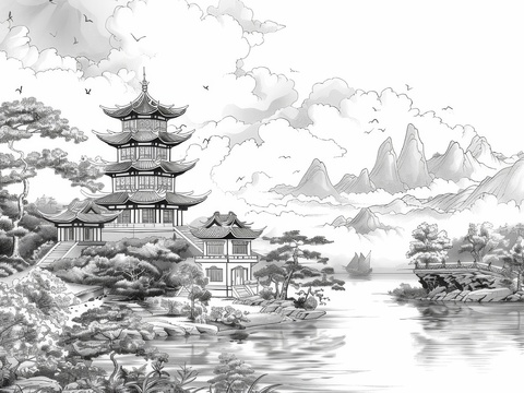  新中式亭台楼阁线条建筑壁画 