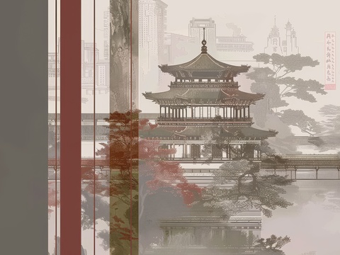  新中式亭台楼阁线条建筑壁画 