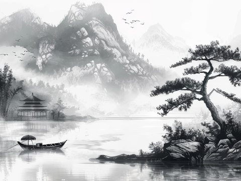  新中式亭台楼阁线条建筑壁画 