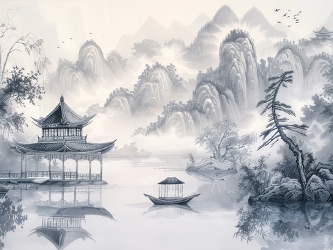  新中式亭台楼阁线条建筑壁画 