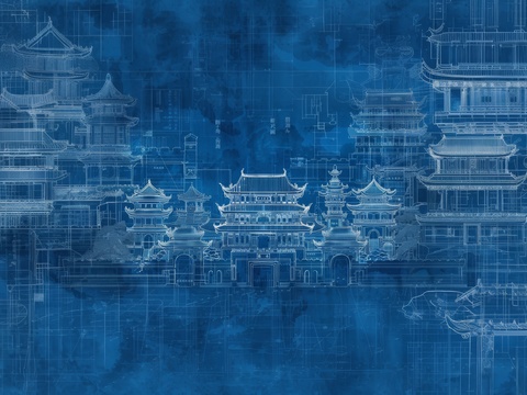  新中式亭台楼阁线条建筑壁画 