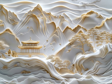  新中式亭台楼阁线条建筑壁画 