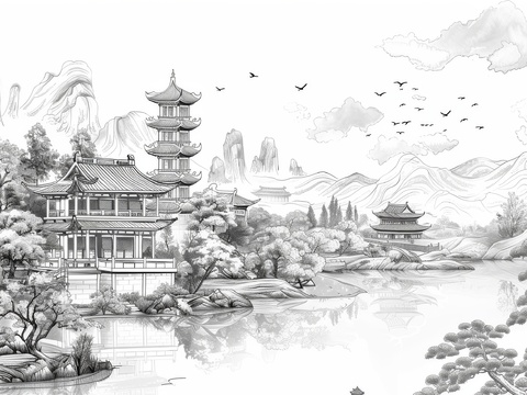  新中式亭台楼阁线条建筑壁画 