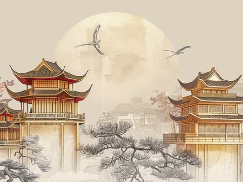  新中式亭台楼阁线条建筑壁画 