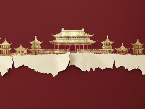  新中式亭台楼阁线条建筑壁画 